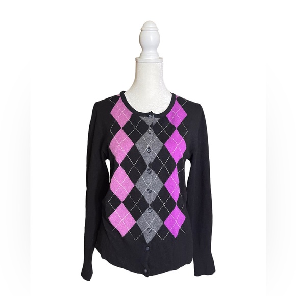 100% Cashmere Cardigan Sweater Diamond Argyle Button Up Womens Small EUC - Picture 1 of 11